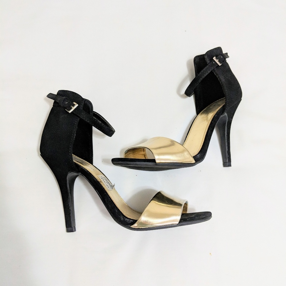 Black and Gold Strap Open Toe Heels